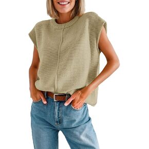 Casual Cap Sleeve Sweater for Women Crew Neck Loose Fit Cotton Pullover Tops Knit Light Sweater Tops