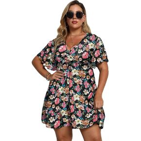 فستان نسائي صيفي مقاس كبير، طباعة مخططة، رقبة على شكل V وأكمام قصيرة، فستان ربيعي in Kuwait