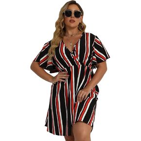 Women's Plus Size Summer Dress Striped Print Wrap V Neck Short Sleeve A Line Spring Dress