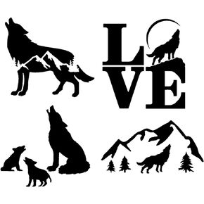 Wolf Decal 4 Pack: Wolf Mountain Silhouette, Wolf and Cubs, Wolf Howling, Mountain Wolf (White, Small ~3.5")