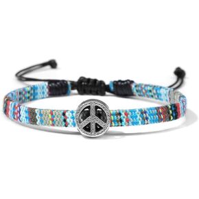 Boho Colorful Woven Cloth Surfer Bracelets with Peace Sign Charm - Adjustable Sizing, Converts into Anklet or Bracelet, Stackable - Dainty Beaded Bracelets and Anklets for Women