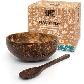 Jungle Culture 2 Polished Coconut Bowl and Wooden Spoons Set with Bamboo Straws • Natural Coconut Smoothie Bowls • Healthy Choice Coco Shell Acai & Buddha Bowls • Eco Friendly Vegan Gifts