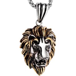 Gold & Silver Two Tone Lion Head Necklace for Men & Women - Pendant with Couple Chains (20" + 24") - Stainless Steel - Halloween Costume Accessories Jewelry