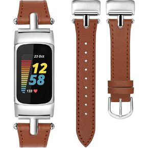سوار جلدي من Wearlizer متوافق مع Fitbit Charge 5 Bands/Charge 6 Bands للنساء، حزام ساعة جلد أنيق بديل مع إبزيم معدني على شكل حرف T لـ Fitbit Charge 6 5 Band