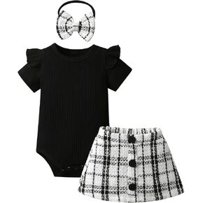 Derouetkia Baby Girl Clothes Summer Ruffle Sleeve Romper Skirt Headband Infant Girls Outfits Sets in Kuwait