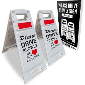 2 Pack Please Drive Slowly We Love Our Children Safety Signs - Children Playing Safety Sign for Street - Reflective, Double-Sided, White, Foldable Standing Slow Signs for Yards, Driveways, Schools