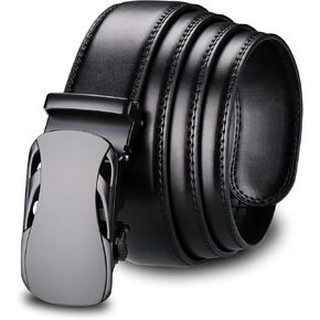 Men's Black Ratchet Dress Belt Comfort Leather Slide Adjustable Buckle, Trim to Fit