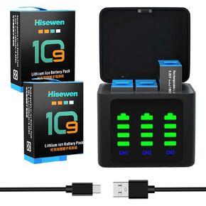 Hisewen 2 حزمة بطارية لـ Hero 11 Black، GoPro Hero 10، GoPro Hero 9، 3-Channel Hero 10 شاحن بطارية لـ GoPro 9/10/11 بطارية AHDBT-901 ADDBD-001 in Kuwait