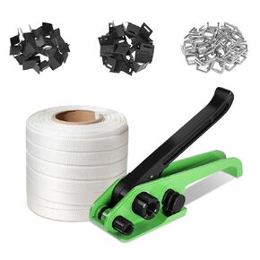 Banding Strapping Kit Pallet Packaging Tool, Strapping Tensioner Tool, 3/4" x 656' Heavy Duty Woven Cord (2420 LBS Break Strength), 200 Metal Wire Buckles, and 100 Plastic Packaging Corner