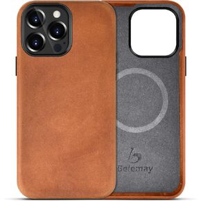 Belemay Compatible with iPhone 12 Pro Max Leather Case Magsafe-Top Grain Vintage Crazy Horse Leather-Metal Buttons Camera Bezel-Slim Fit-Precision Crafted Premium Phone Cover (6.7-inch)-Retro Brown