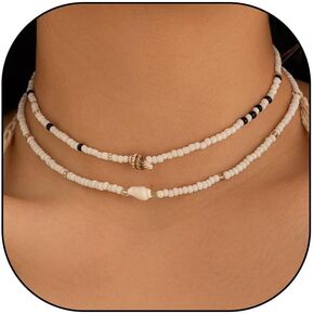 FUTIMELY Double Layered White Beaded Conch Choker Necklaces, Minimalist Boho Surfer Short Necklaces, Heated Term Beach Hawaiian Necklaces for Women Teen Girls