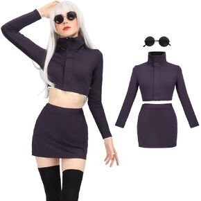 C-ZOFEK Satoru Cosplay Women JJK Costume Purple Crop Top Split Skirt with Glasses