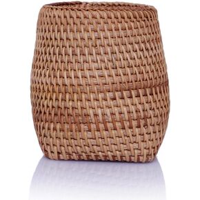 Handmade Vine Desk Organizer Pen Container Box Tea Caddy Makeup Brushes Holder Stand, Rattan Pencil Holder, Boho Table Décor Office Cups Organizer for Desk, Stationery, Flower Vase, Brown, (Cylinder)