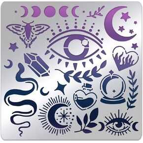 BENECREAT Witchcraft Theme Stencils 6x6 Inch The Devil's Eye Snake Moon Stainless Steel Stencil for Drawings and Woodburning, Engraving and Scrapbooking