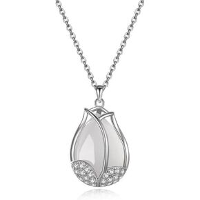 Natural Clear Jade Tulip Flower Pendant Charm Necklace, 925 Sterling Silver Mother's Day Gift Anniversary Jewelry Birthday Gifts for Women Wife Girlfriend Her