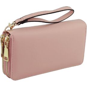 B BRENTANO Vegan Double-Zipper Wallet Clutch with Removable Wrist Strap (Beige PL)