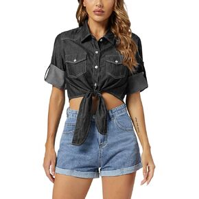 Women's Tie Front Chambray Shirts Roll Up 3/4 Sleeve Button Down Crop Denim Tops