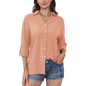 Women's Button Down Shirts Casual Dressy Collared Tops V Neck Classic Long Sleeve Work Office Tops Blouse