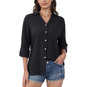 Women's Button Down Shirts Casual Dressy Collared Tops V Neck Classic Long Sleeve Work Office Tops Blouse