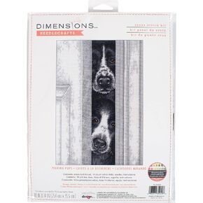 DIMENSIONS Peeking Pups Counted Cross Stitch Kit, 14 Ct. White Aida, Finished Project 10" x 14", Multicolor 4 Piece