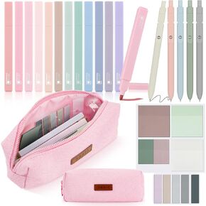 Kisston 24 Pack Aesthetic School Supplies Include Small Pencil Case 12 Pcs Cute Highlighters 5 Pcs Quick Dry Black Ink Gel Pens 6 Pcs Clear Transparent Sticky Notes for Students (Beige)