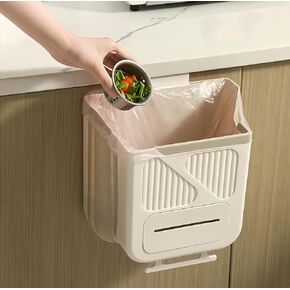 Hanging Kitchen Trash Can, Collapsible Trash Can for Kitchen, 2.1 Gallon Foldable Waste Bin for Kitchen/Bathroom/Car (White)