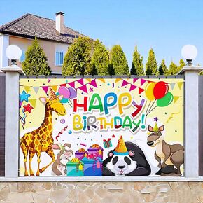 Happy Birthday Backdrop for Kids, 43.3 x 70.9 Inches, Cute Animal Birthday Backdrop Banner, Colorful Happy Birthday Banner Large Size, Outdoor Birthday Party Decorations for Boys Kids Girls (Yellow)