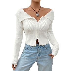 SweatyRocks Women's Off Shoulder Long Sleeve Ribbed Knit Cardigan Slim Fit Zip Up Collar Crop Tops Sweaters White