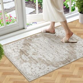 Vintage Washable Area Rugs 2x3: Small Entryway Rug with Non-Slip Backing Low Pile Rugs Soft Indoor Floor Thin Carpet Non Shedding Neutral Carpets for Bedroom Kitchen Laundry Under Dining Table Beige