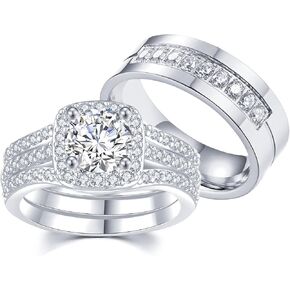1.8Ct Couple Bridal Ring Sets Wedding Rings for Women & Mens Titanium Engagement Bands Stainless Steel Cz Him His Hers