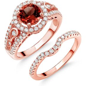 Gem Stone King 18K Rose Gold Plated Silver Red Garnet and White Moissanite Wedding Engagement Ring Band Bridal Set Ring For Women (1.94 Cttw, Gemstone Birthstone, Available In Size 5, 6, 7, 8, 9)