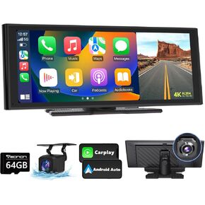 Eonon 9.3 Inch Wireless Apple CarPlay Screen Portable Car Stereo Receiver, Android Auto Touch Screen Car Radio with Bluetooth, FM/AM, Mirror Link, GPS Navigation, 4K Front Cam, 1080P Rear Cam - P4