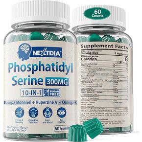 Sugar Free Phosphatidylserine Supplement 300mg, 10 in 1 Formula w/Bacopa Monnieri, Omega 3, Huperzine A for Memory, Focus & Cognition, Brain Gummies for Adults & Elderly (60 Counts (2 Pack))