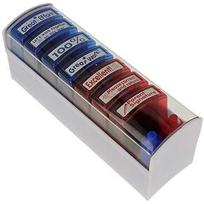 ExcelMark Teacher Stamp Set - Motivation School Classroom Homework Grading - Refill Ink Included -7 Stamps Plus Red and Blue Ink Bottle - Storage Tray Included