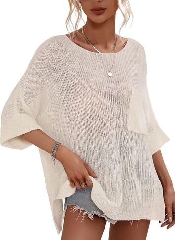 Women's Oversized 3/4 Sleeve Crochet Sweater Top Beach Summer T-Shirt Cottagecore Clothing Aesthetic Sweater Pullover in Saudi Arabia