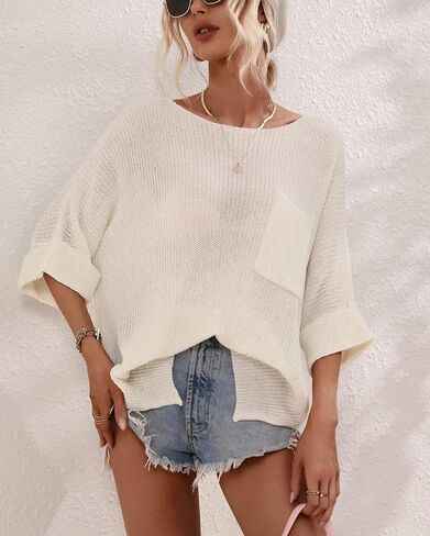 Women's Oversized 3/4 Sleeve Crochet Sweater Top Beach Summer T-Shirt Cottagecore Clothing Aesthetic Sweater Pullover in Saudi Arabia