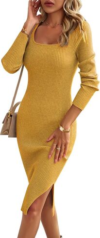 VintageClothing Women's 2023 Fall Long Sleeve Sweater Dress Square Neck Side Slit Bodycon Ribbed Knit Slim Fit Midi Dress in Kuwait