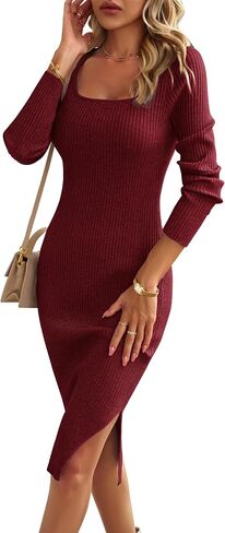 VintageClothing Women's 2023 Fall Long Sleeve Sweater Dress Square Neck Side Slit Bodycon Ribbed Knit Slim Fit Midi Dress in Kuwait