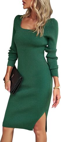 VintageClothing المرأة 2023 خريف كم طويل سترة فستان ساحة الرقبة الجانب الشق Bodycon مضلع متماسكة سليم صالح ميدي فستان in Kuwait