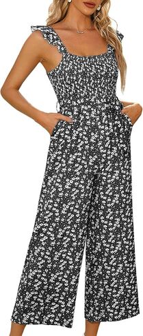 KOJOOIN Women's Casual Floral Sleeveless Jumpsuits Smocked Tank Top Square Neck Belt Wide Leg Jumpsuit Rompers with Pockets in Saudi Arabia