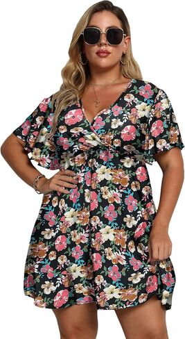 فستان نسائي صيفي مقاس كبير، طباعة مخططة، رقبة على شكل V وأكمام قصيرة، فستان ربيعي in Kuwait