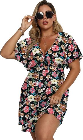 فستان نسائي صيفي مقاس كبير، طباعة مخططة، رقبة على شكل V وأكمام قصيرة، فستان ربيعي in Kuwait