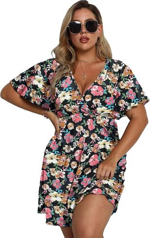 فستان نسائي صيفي مقاس كبير، طباعة مخططة، رقبة على شكل V وأكمام قصيرة، فستان ربيعي in Kuwait