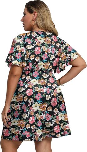 فستان نسائي صيفي مقاس كبير، طباعة مخططة، رقبة على شكل V وأكمام قصيرة، فستان ربيعي in Kuwait