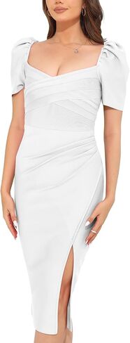 Women's Midi Bodycon Dresses Sweetheart Neck Puff Sleeve Side Slit Ruched Tummy Control Wrap Dress Wedding Guest Dress in Saudi Arabia