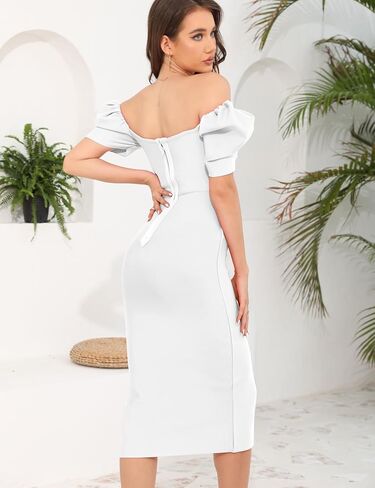 Women's Midi Bodycon Dresses Sweetheart Neck Puff Sleeve Side Slit Ruched Tummy Control Wrap Dress Wedding Guest Dress in Saudi Arabia