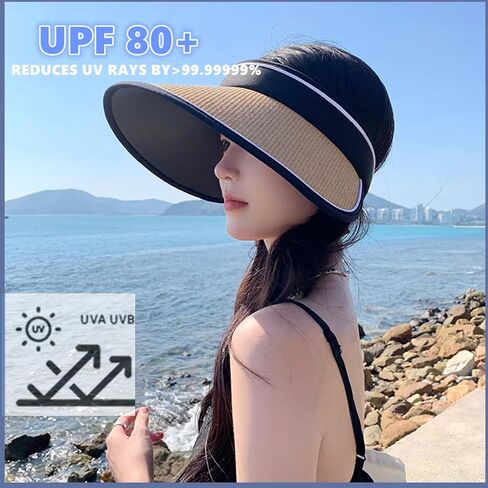 Sun Visor Hats for Women Wide Brim Straw Beach Hat Summer Packable Ponytail Hats for Women Travel UPF 50+ in Saudi Arabia
