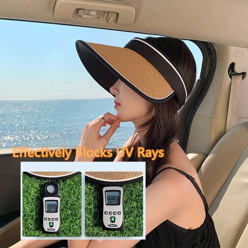 Sun Visor Hats for Women Wide Brim Straw Beach Hat Summer Packable Ponytail Hats for Women Travel UPF 50+ in Saudi Arabia
