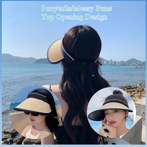 Sun Visor Hats for Women Wide Brim Straw Beach Hat Summer Packable Ponytail Hats for Women Travel UPF 50+ in Saudi Arabia