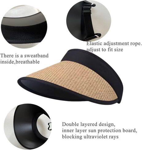 Sun Visor Hats for Women Wide Brim Straw Beach Hat Summer Packable Ponytail Hats for Women Travel UPF 50+ in Saudi Arabia
